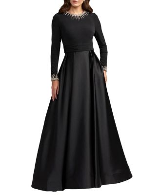  Jersey and Satin Long Sleeve A-Line Gown