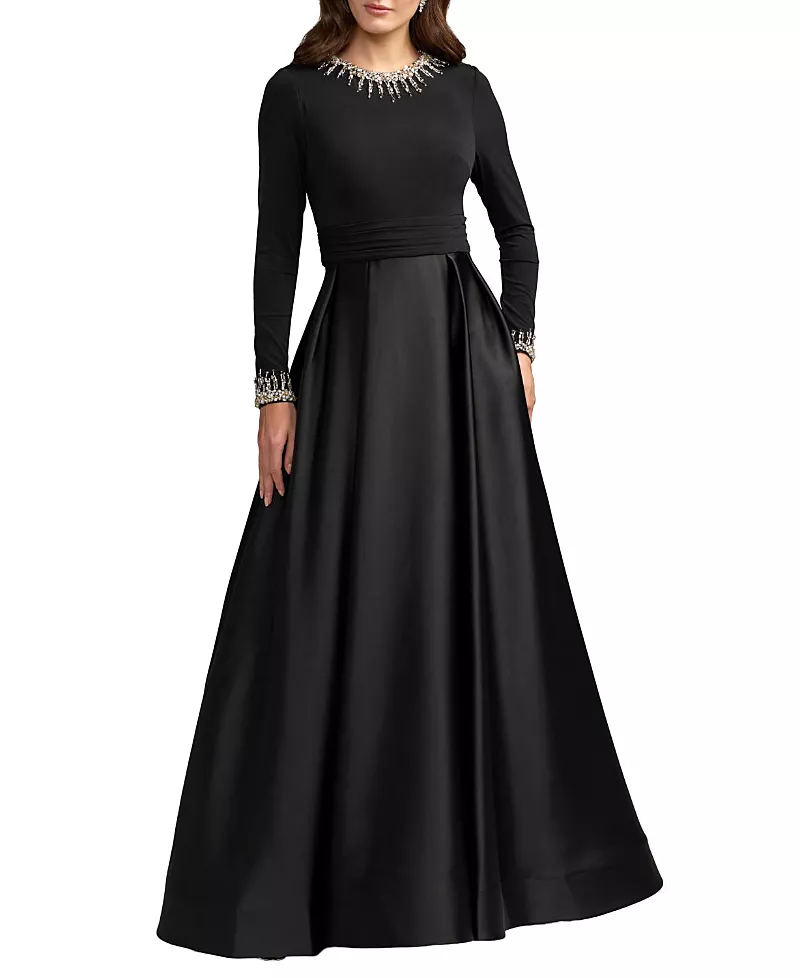 Mac Duggal Jersey and Satin Long Sleeve A-Line Gown