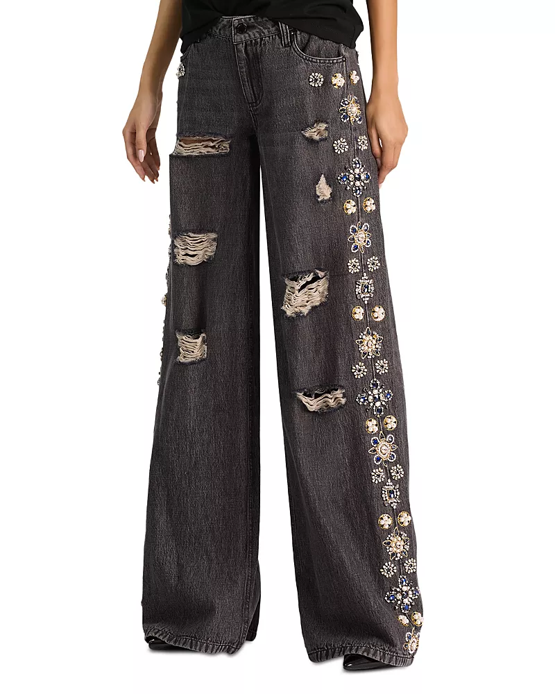 Alice and Olivia Amazing Cotton Low Rise Wide Leg Jeans in Georgia Vintage Black/Multi