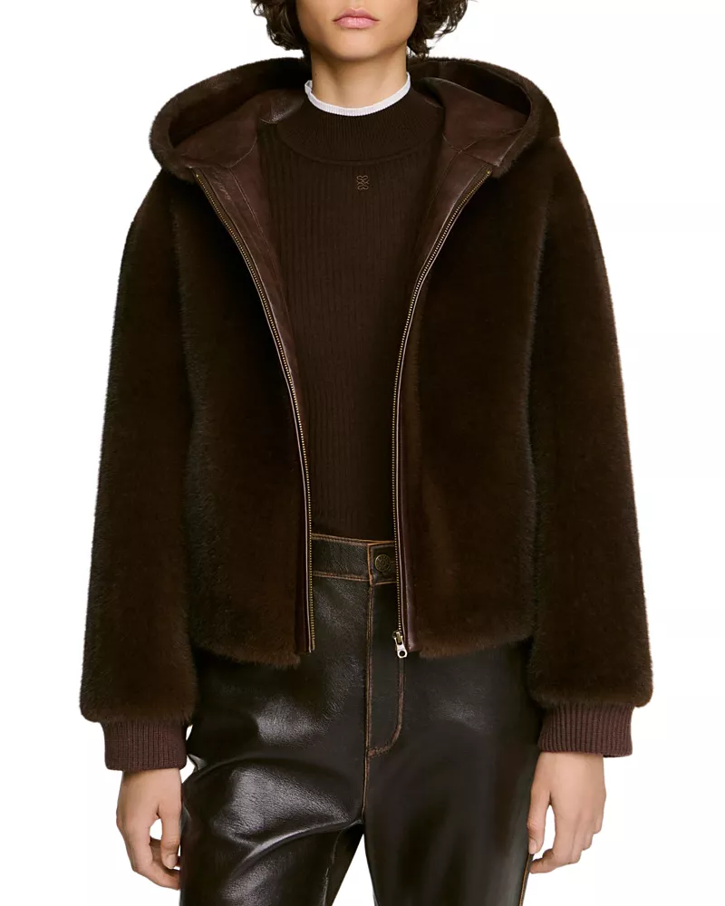 Sandro Montgomery Hooded Faux Fur Jacket