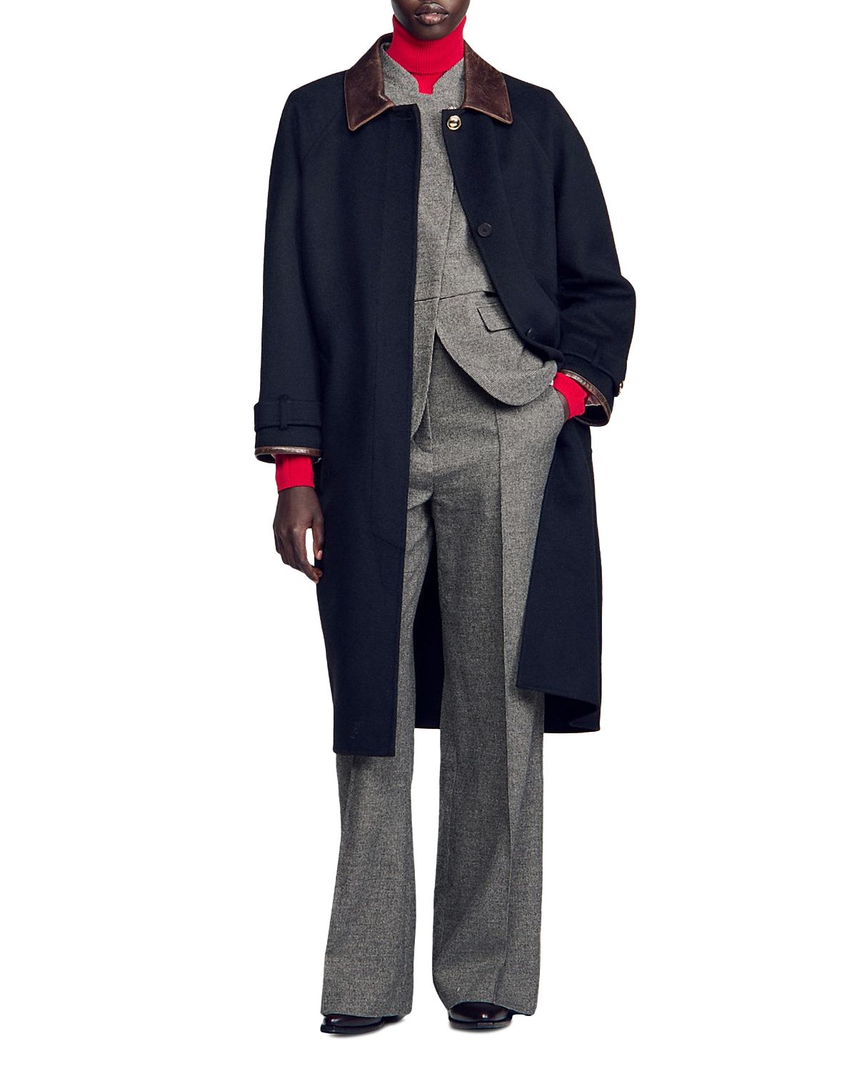 Sandro Kennedy Wool Leather Trim Coat