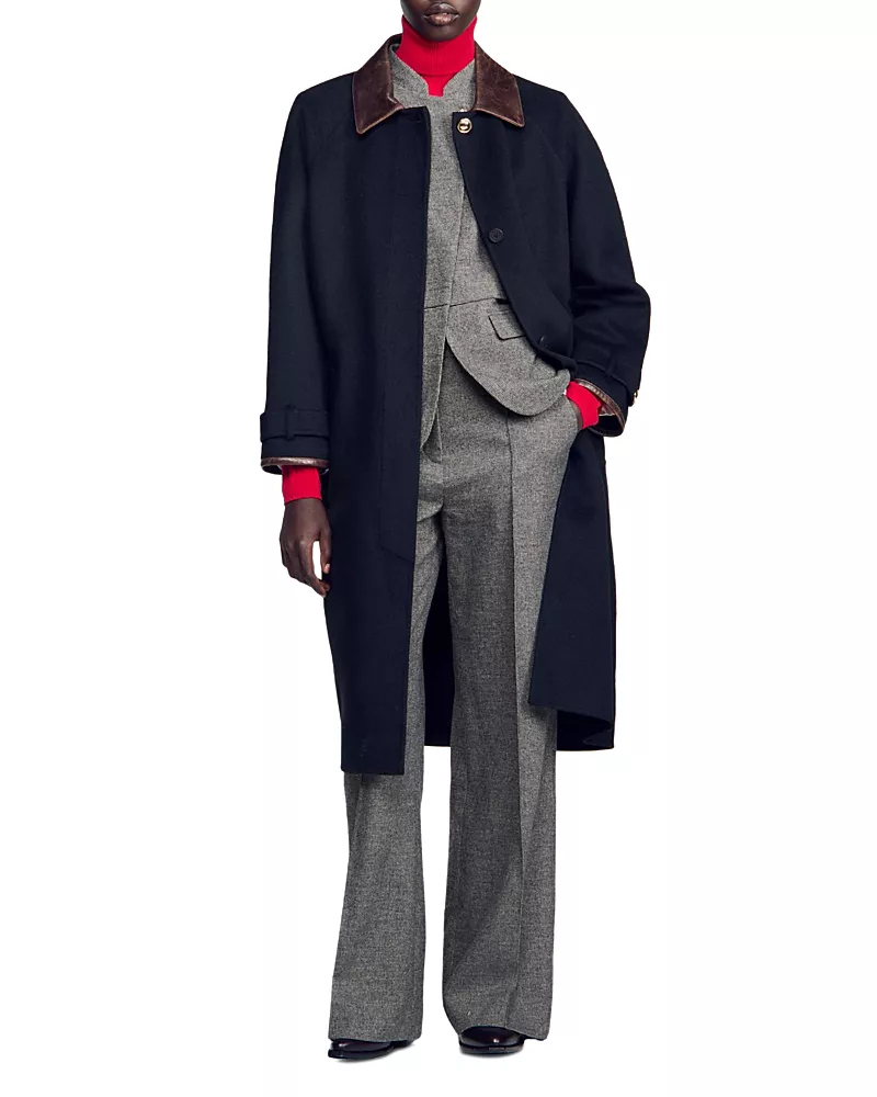 Sandro Kennedy Wool Leather Trim Coat