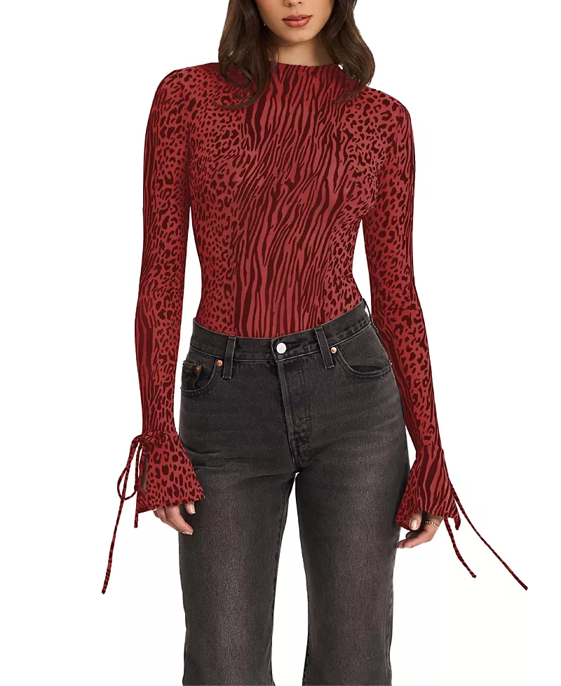 Miss Circle Ibera Animal Burnout Velvet Long Sleeve Bodysuit