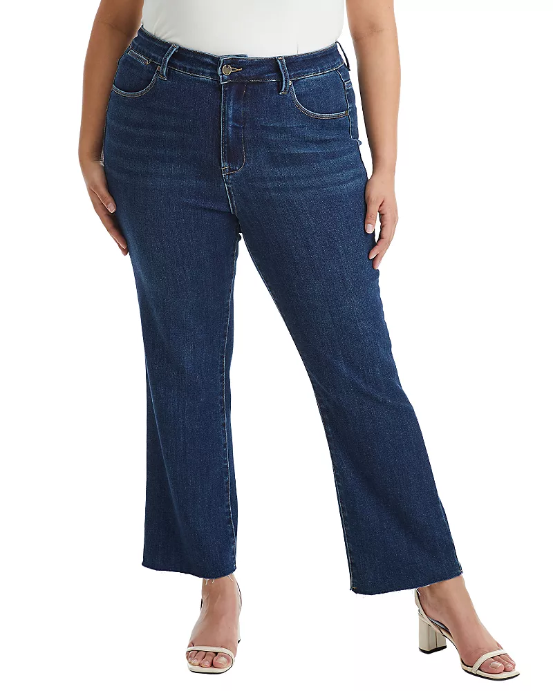 Bayeas Plus Mid Rise Straight Leg with Raw Hem Denim Jeans in Dark Blue