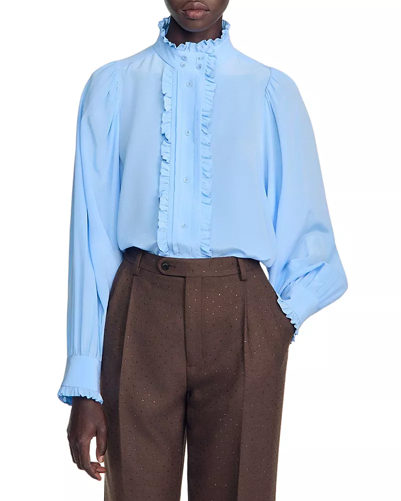 Sandro Hortense Silk Ruffled Shirt