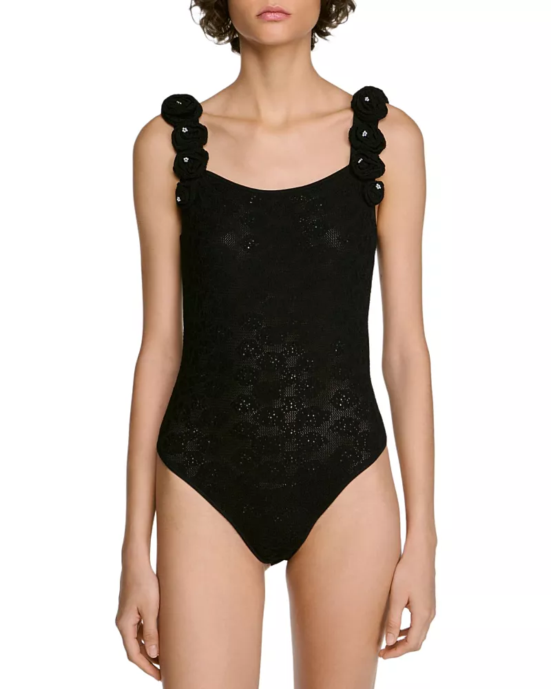 Sandro Venise Beaded Rosette Knit Bodysuit