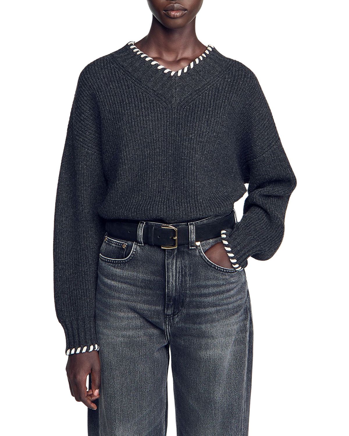 Sandro Augusta Wool Blend Whipstitch V Neck Sweater