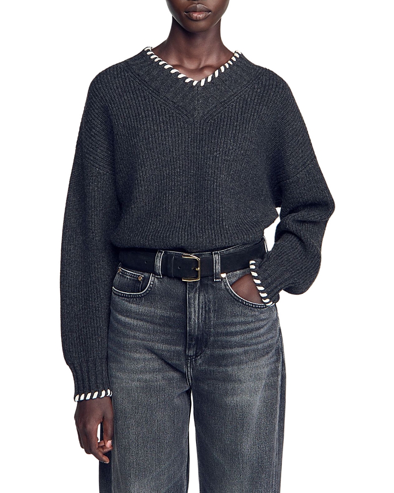 Sandro Augusta Wool Blend Whipstitch V Neck Sweater