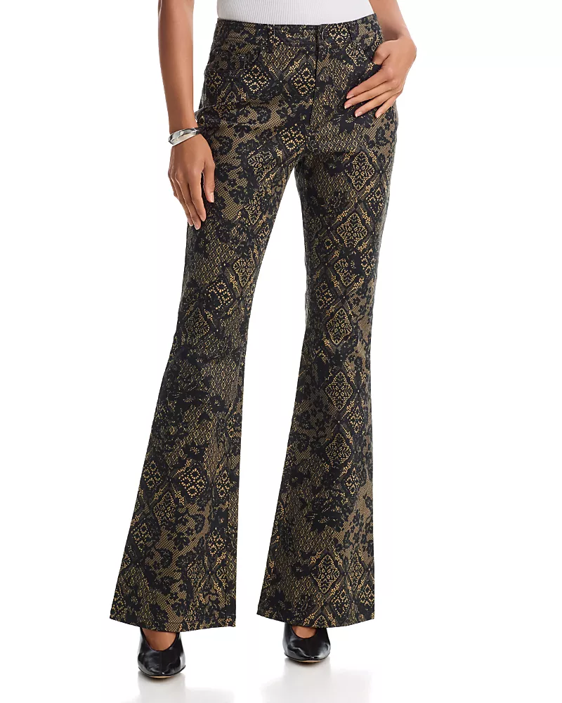 Cinq a Sept Charlie Printed Patchwork Lace High Rise Flare Jeans in Biscotti/Black