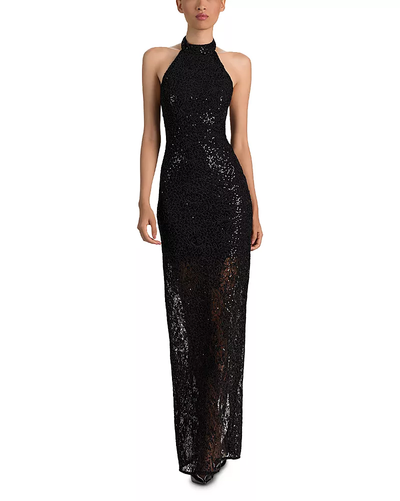 Alice and Olivia Koi Embellished Lace Halter Maxi Dress