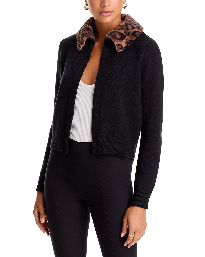Aqua Leopard Faux Fur Collar Cardigan - Exclusive In Black