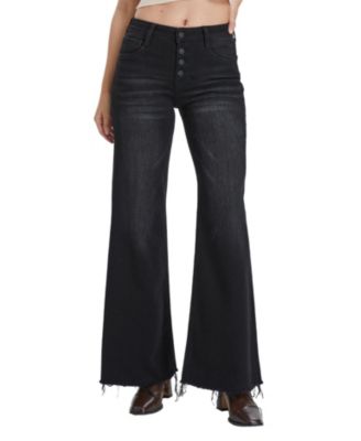  Mid Rise Women's Wide Leg Denim Jeans Button Fly with Frayed Hem in Raven