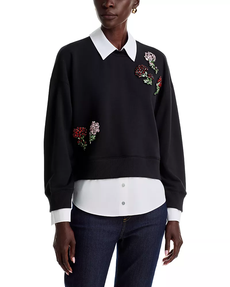 Cinq a Sept Justina Rhinestone Roses Layered Sweater