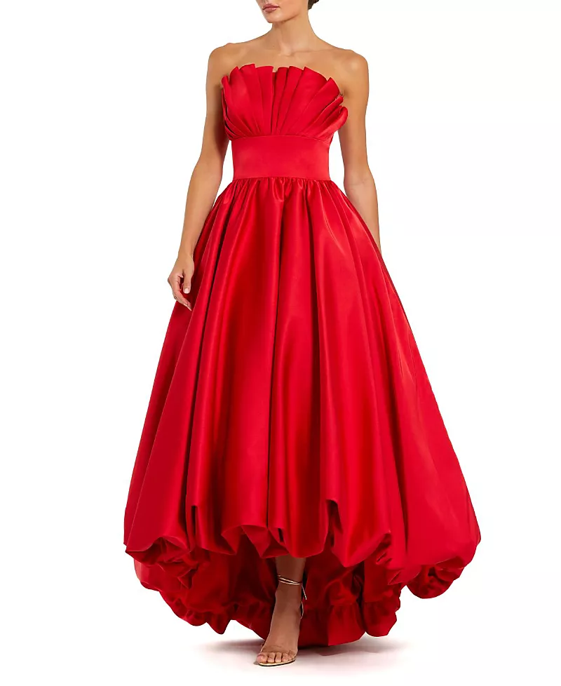 Mac Duggal Strapless Bubble Hem High Low Ball Gown