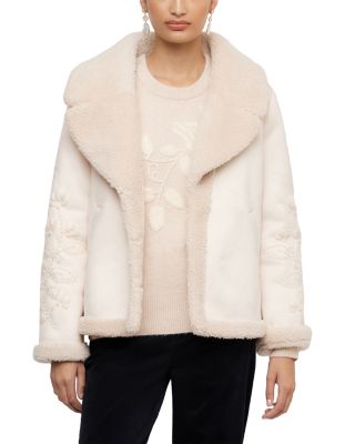 Faux Suede Embroidered Sleeve Shearling Coat
