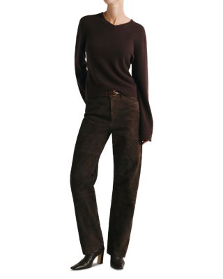 Daria Leather High Rise Slim Straight Leg Jeans in Tobacco Suede