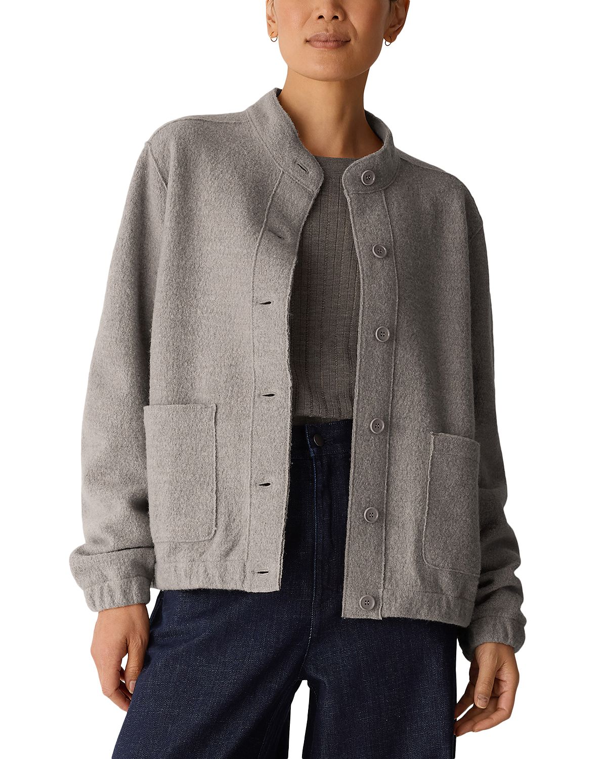 Eileen Fisher Lightweight Boiled Wool Stand Collar Jacket