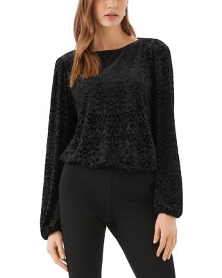 Petite Velvet Burnout Boat Neck Blouson Sleeve Top