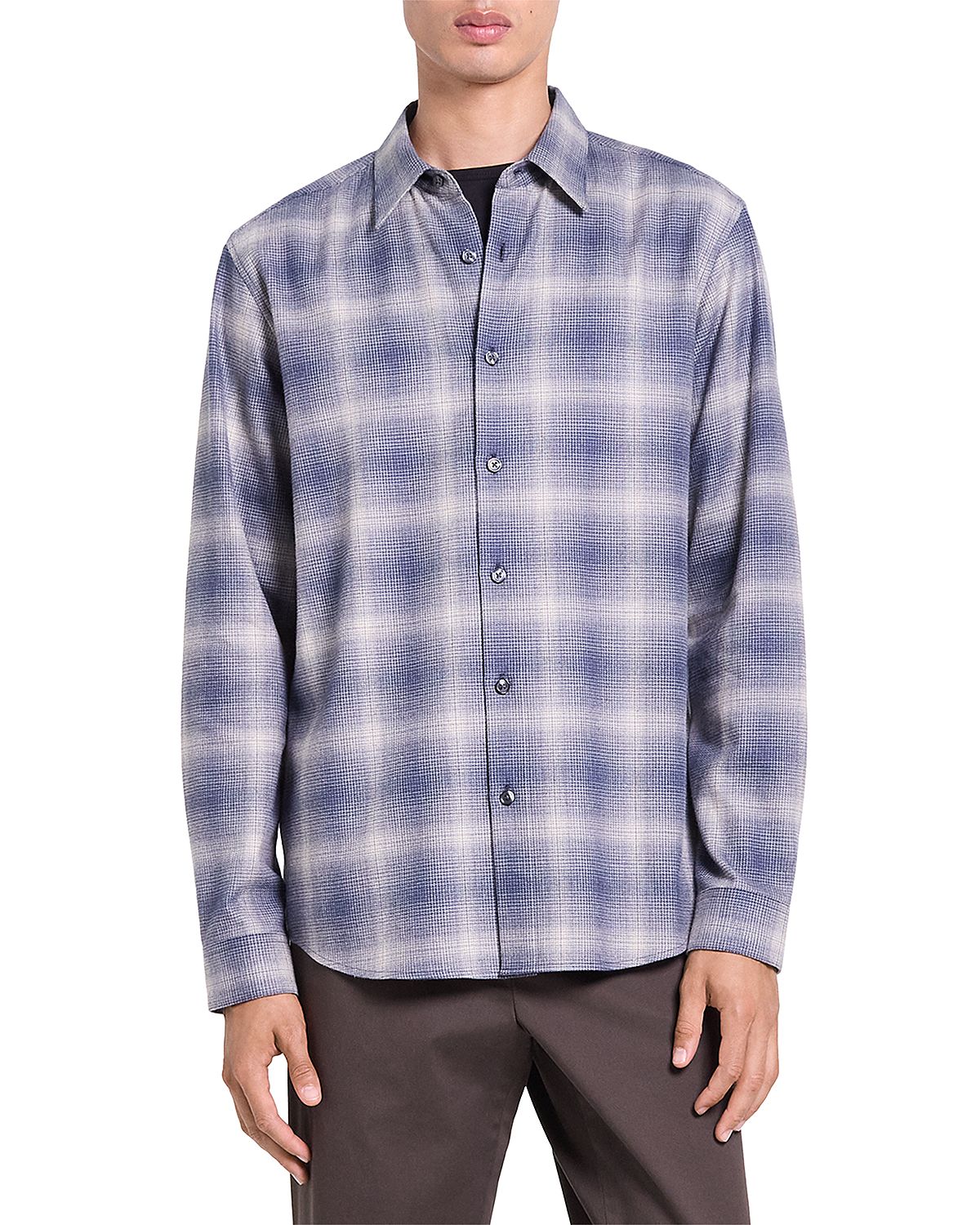 Theory Irving Cotton Faded Plaid Shirt