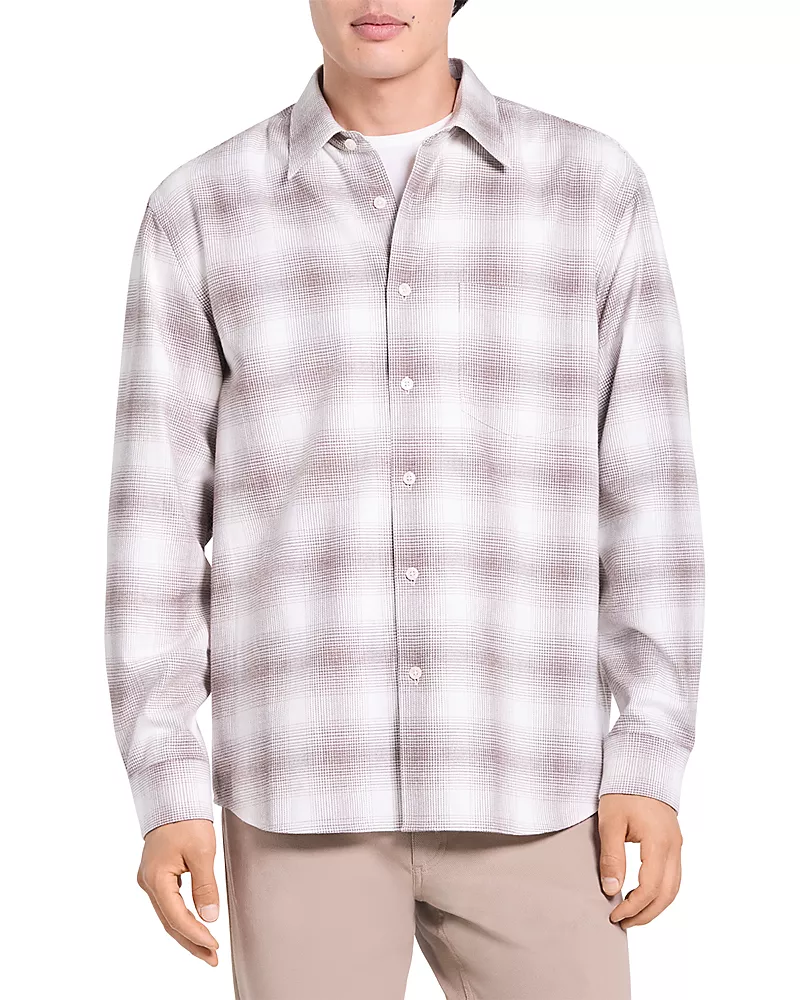 Theory Irving Cotton Faded Plaid Shirt