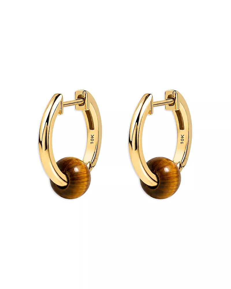 Moon & Meadow 10K Yellow Gold Tiger Eye Bead Hoop Earrings
