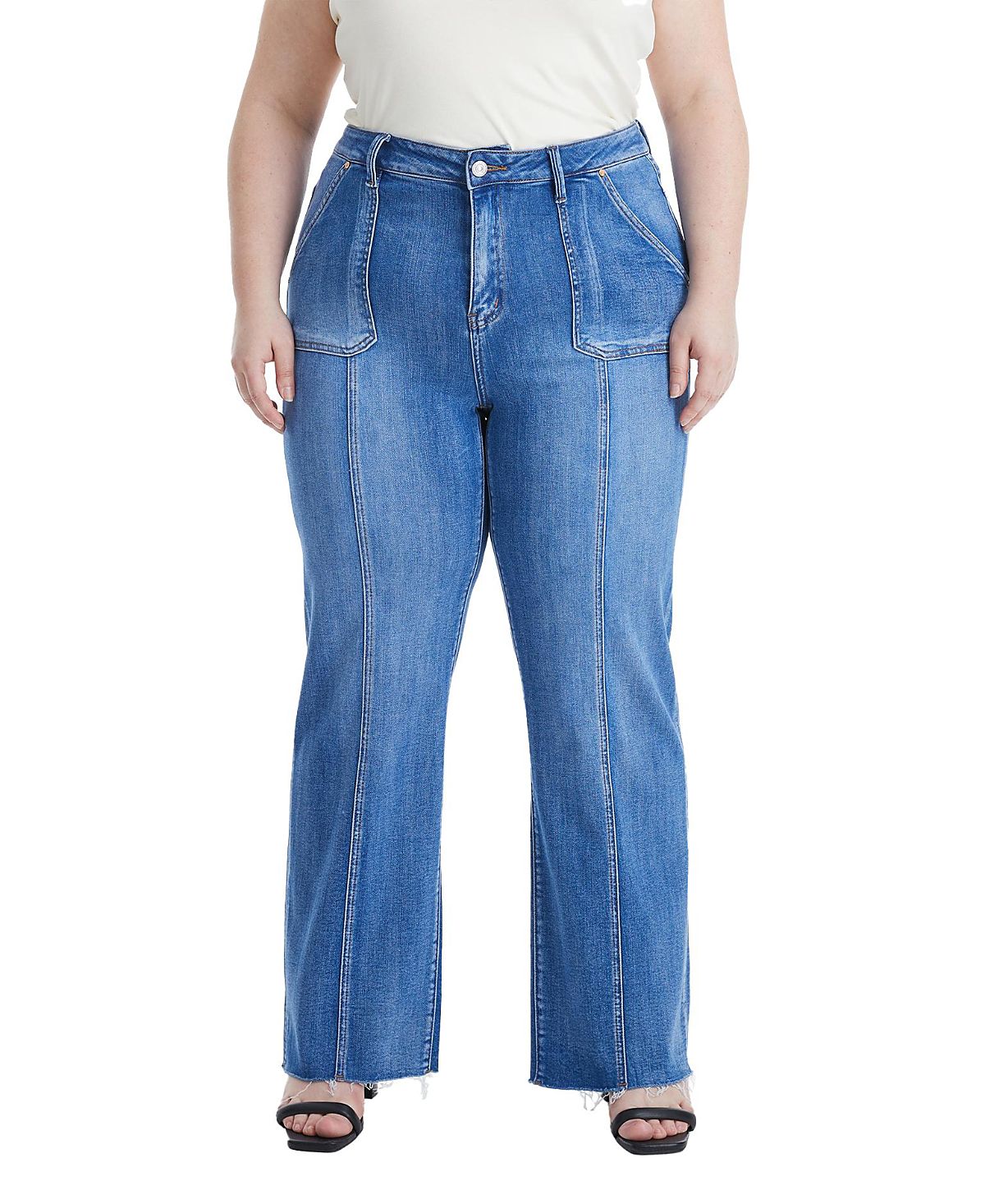 Bayeas Plus High Rise Straight Leg Raw Edge Denim Jeans Stretch Comfortable
