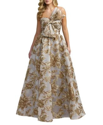  Brocade Strapless Floral Gown With Bow Detail