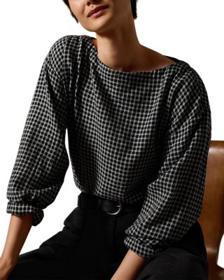Wool Cotton Check Bateau Neck Boxy Top - thumbnail 5