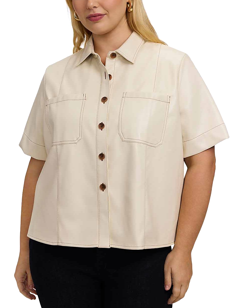 Foxcroft Plus Demi Faux Leather Short Sleeve Shirt In Cream