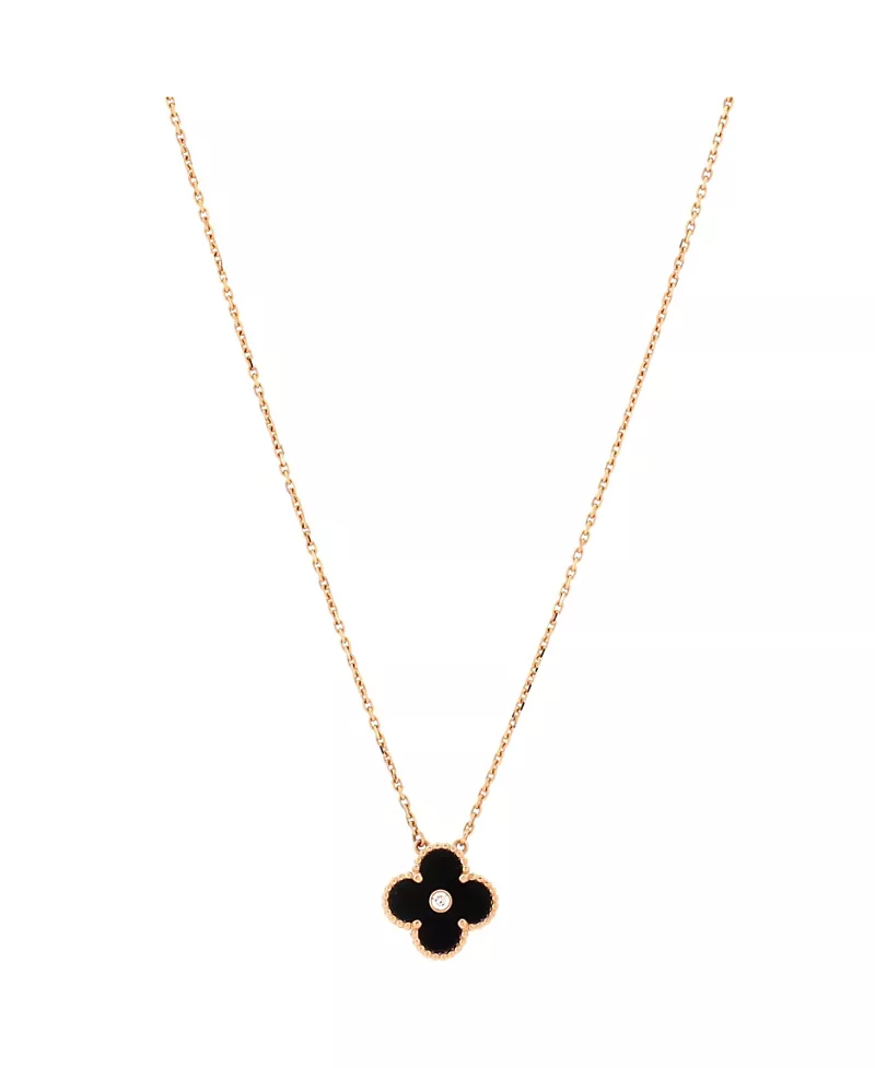 Pre-Owned Van Cleef & Arpels Vintage Alhambra Pendant Necklace 18K Rose Gold and Onyx with Diamond, 16.75