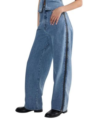  Mid-Wash Zip Seam Straight Leg Jeans