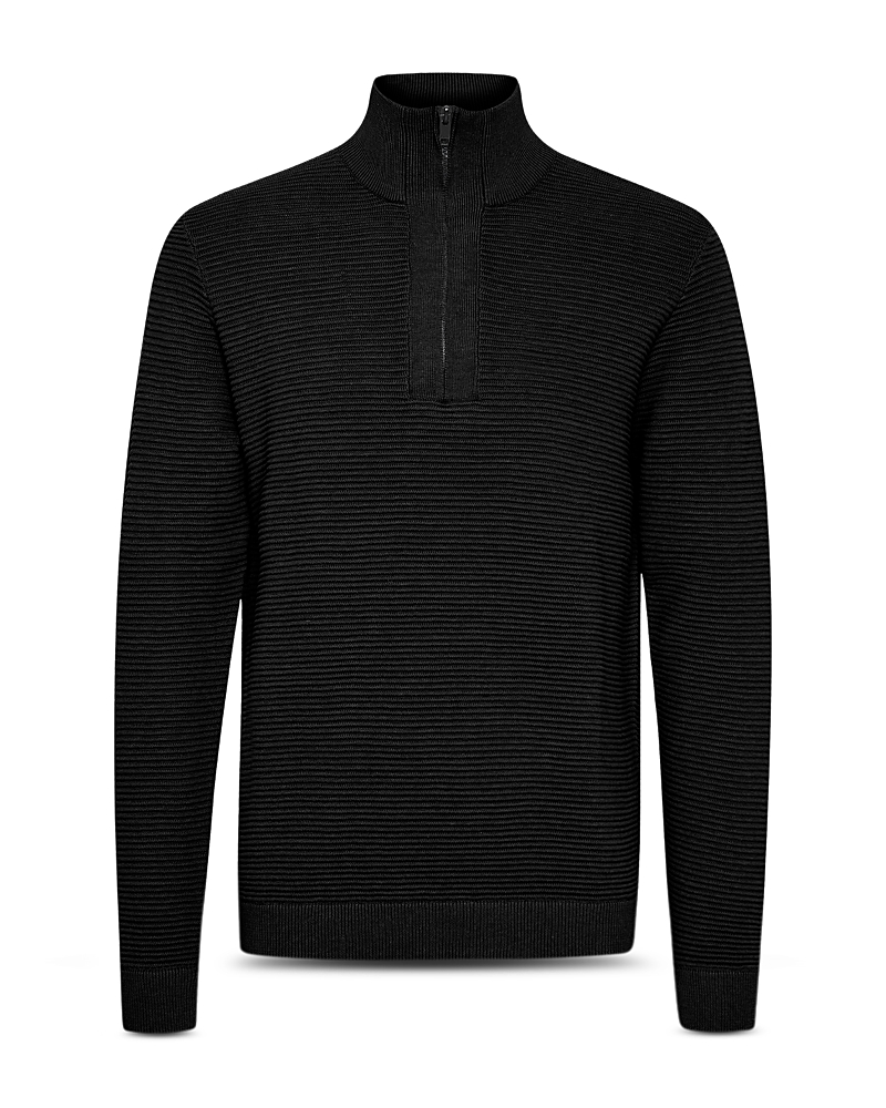 Solid ! Cotton Ribbed Quarter Zip Stand Collar Sweater In Black