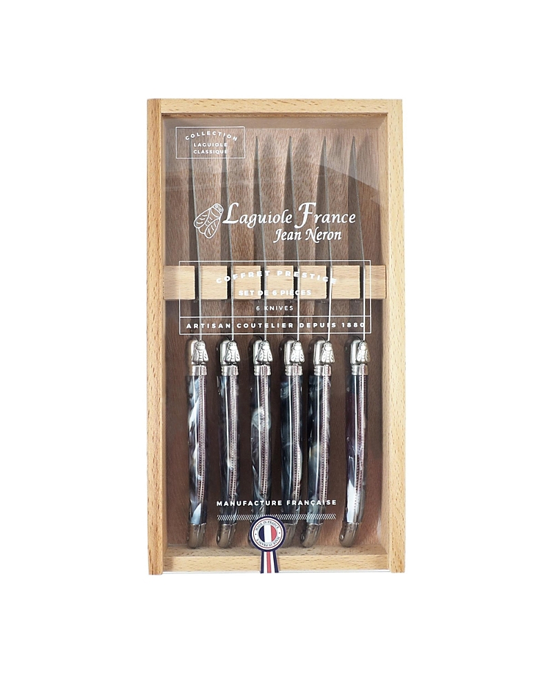 Laguiole Platine Marble in Wood Box with Acrylic Lid, 6 Piece Steak Knife Set