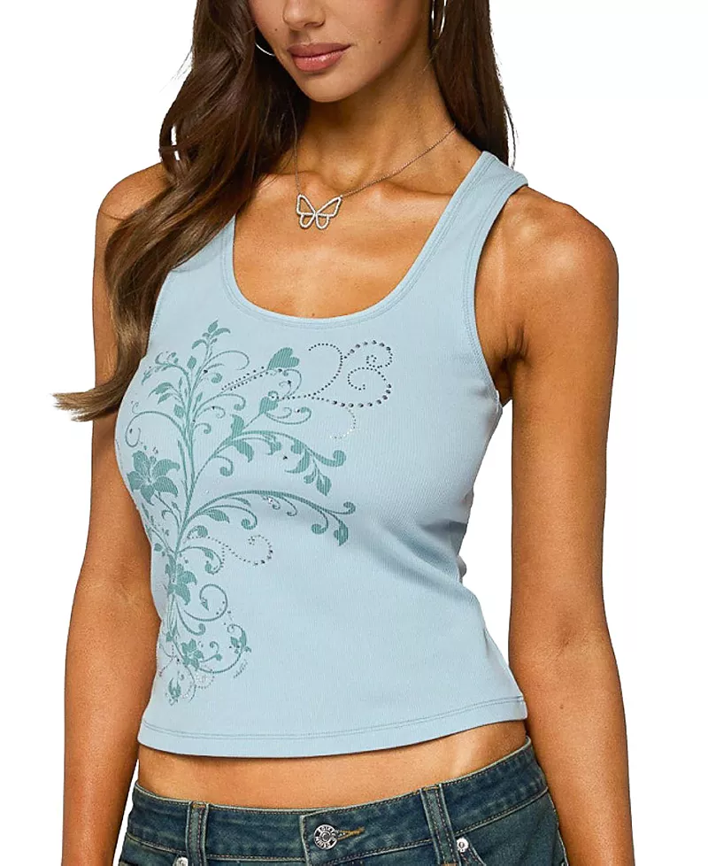 Edikted Veila Rhinestone Ribbed Graphic Tank Top