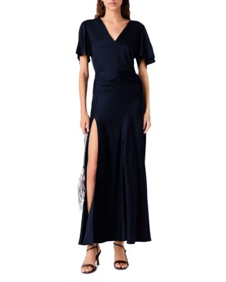 Draped V Neck Satin Maxi Dress