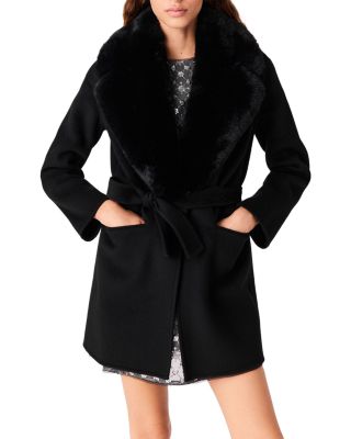 Wool Blend Faux Fur Trim Belted Coat