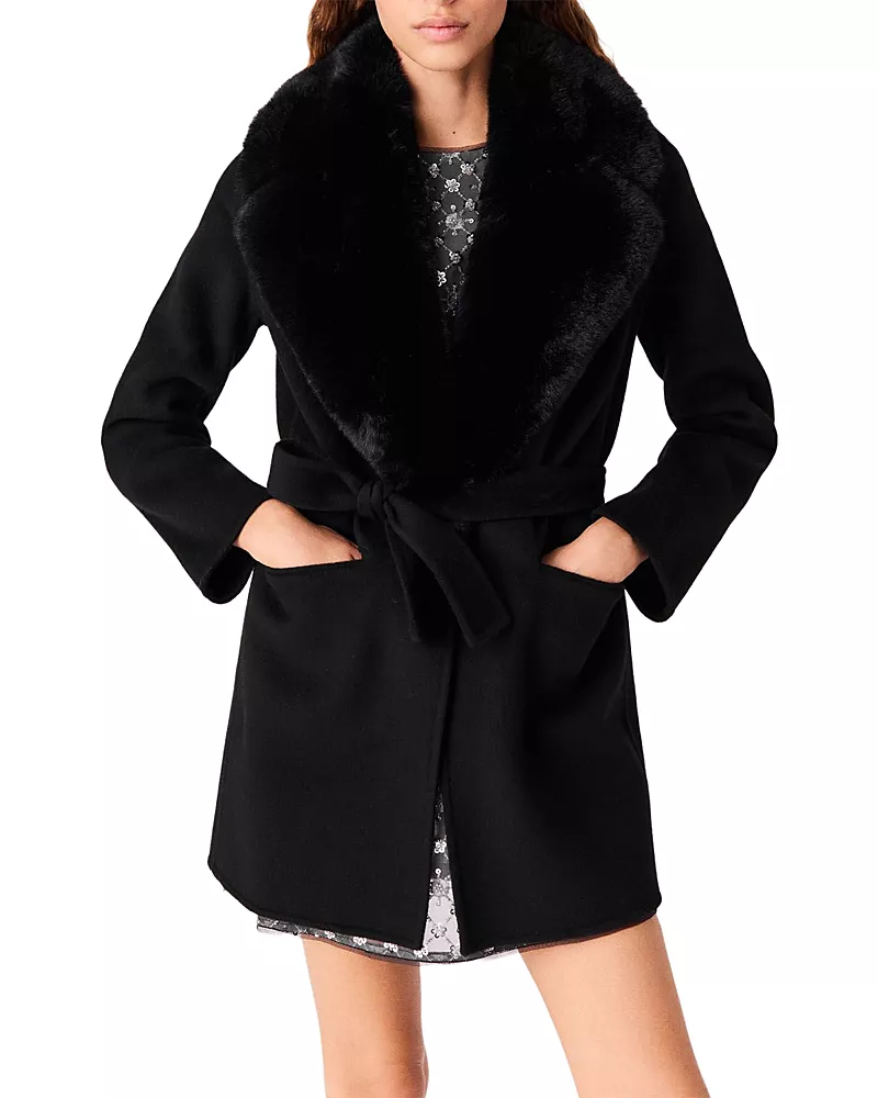 Maje Wool Blend Faux Fur Trim Belted Coat