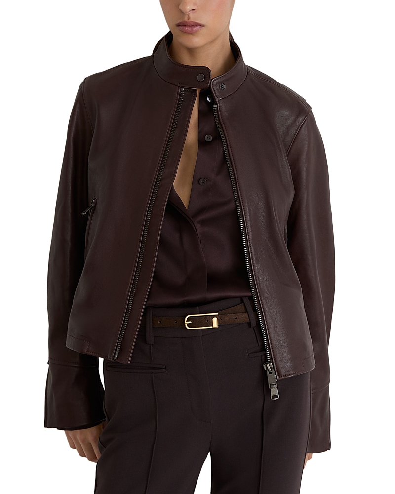 Reiss Erin Leather Stand Collar Zip Front Jacket In Burgundy