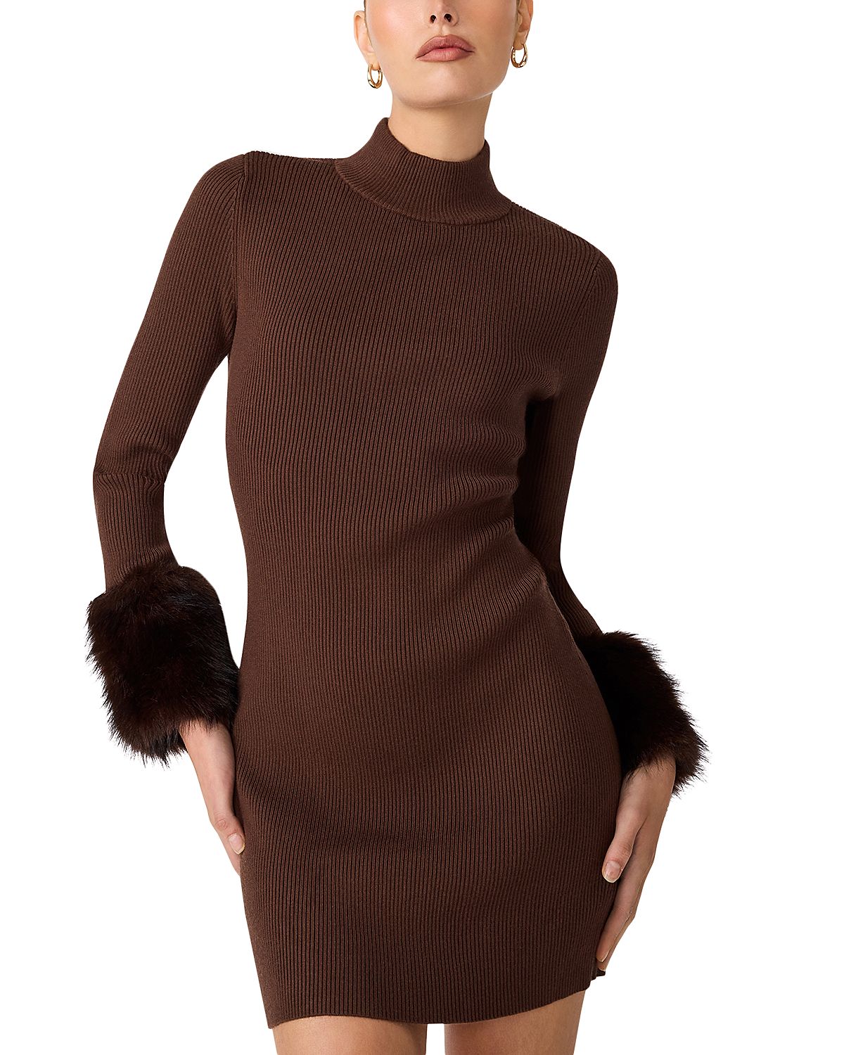 Steve Madden Riello Faux Fur Trim Rib Knit Mini Dress