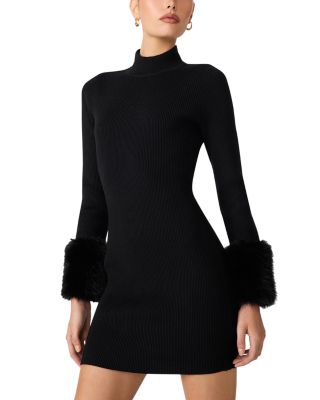 Riello Faux Fur Trim Rib Knit Mini Dress