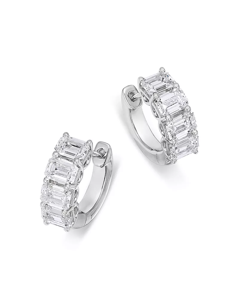 Bloomingdale's Fine Collection Luxe Collection Certified Lab Grown Diamond Emerald Cut Huggie Hoop Earrings in 14K White Gold, 3.1 tcw