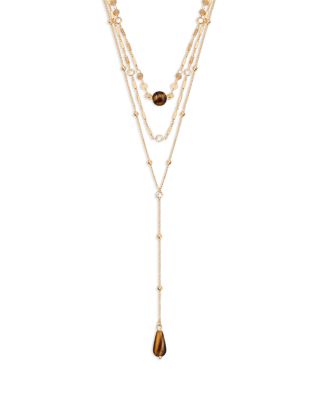 Forever Falling Cubic Zirconia & Tiger's Eye Layered Lariat Necklace, 11-14"