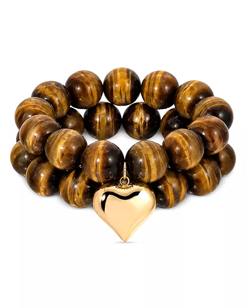 Ettika Luck and Love Heart Charm Tiger's Eye Beaded Stretch Bracelets, Set of 2