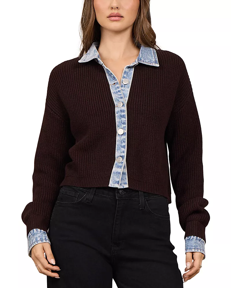 Vintage Havana Denim Trim Layered Look Cardigan