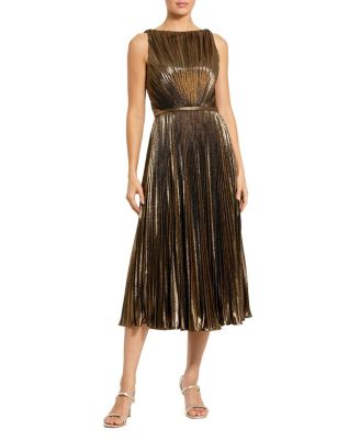  Metallic Pleated High Neck Midi Dress