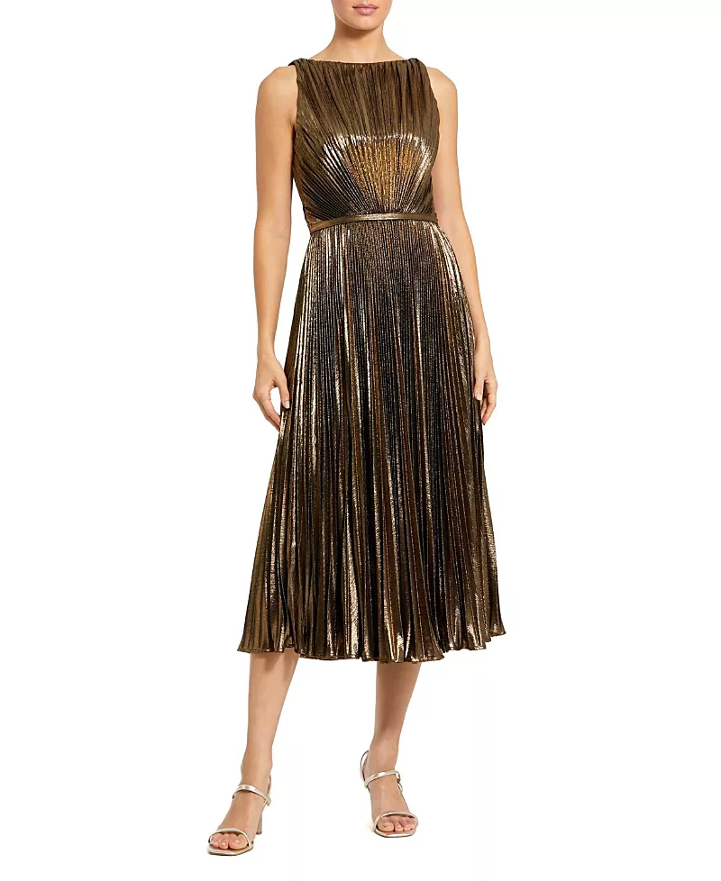 Mac Duggal Metallic Pleated High Neck Midi Dress