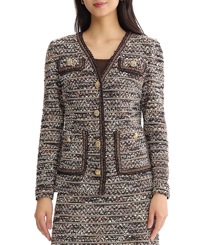 Ming Wang Plus Size Eyelash Tweed Knit Jacket In Warm Taupe/dark Umber/ivory