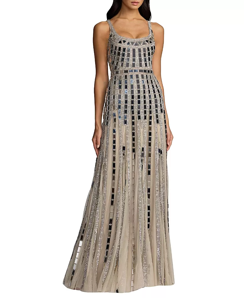 Mac Duggal Sleeveless Geometric Mirror Embellished Gown