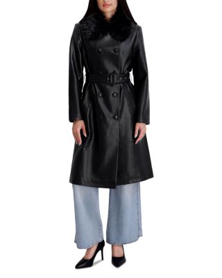 Faux Fur Collar Faux Leather Trench Coat