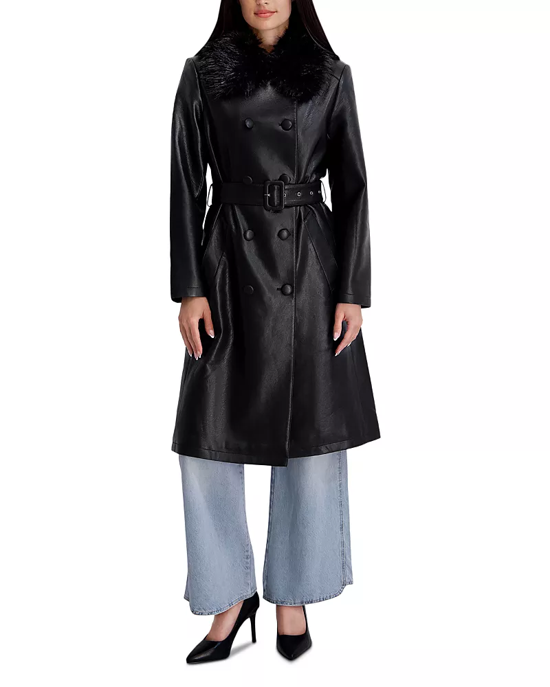 Kenneth Cole Faux Fur Collar Faux Leather Trench Coat